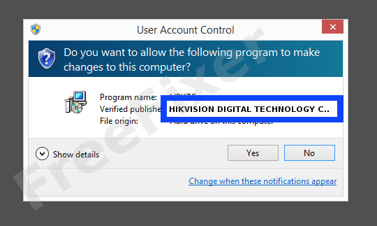 Screenshot where HIKVISION DIGITAL TECHNOLOGY CO.,LTD. appears as the verified publisher in the UAC dialog